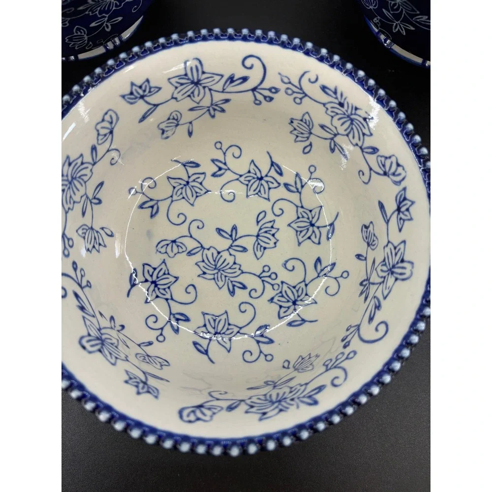 Temp-tations Floral Lace Cobalt Blue White Ceramic Footed Bowls Set of 3 6 inch